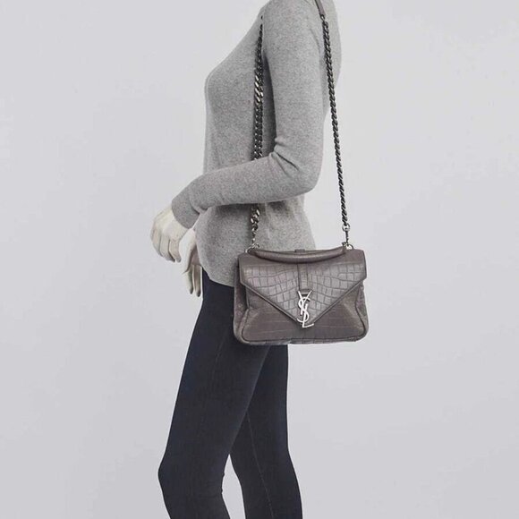 Yves Saint Laurent Grey Croc Embossed Leather Monogram Medium College Bag - Picture 6 of 12